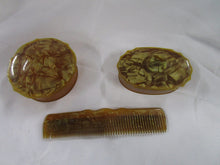 Load image into Gallery viewer, Vintage Amber Faux Texture Plastic Vanity Set Comb and Two Lidded Jars