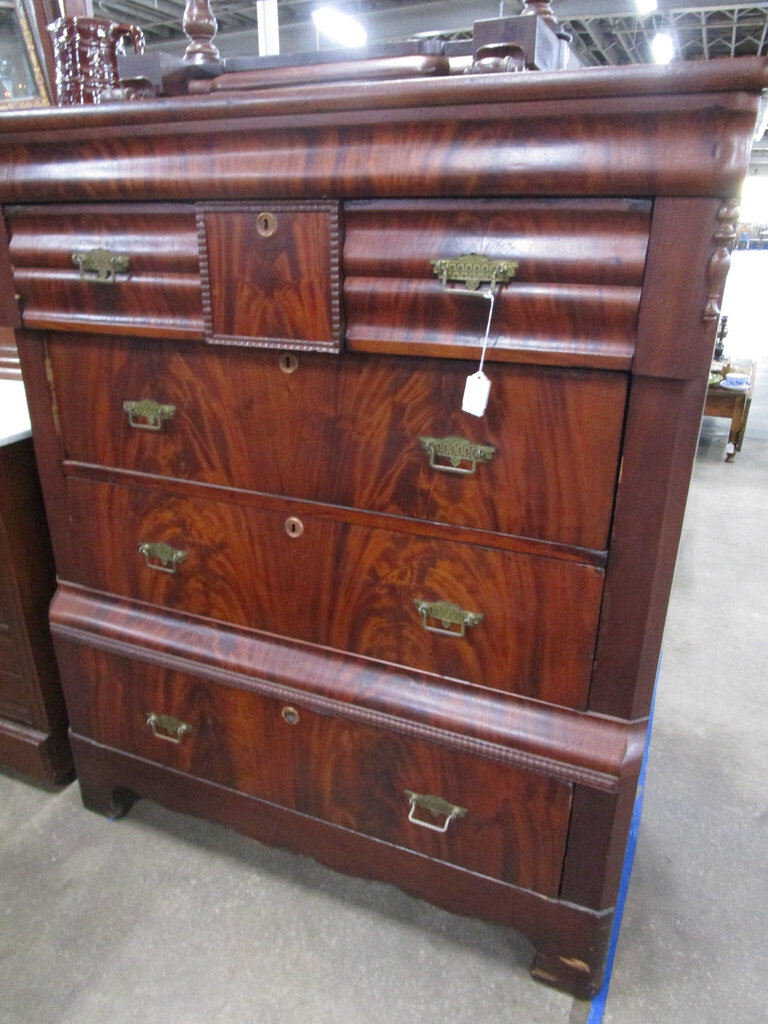 Antique Empire Flame Mahogany Wood Veneer Highboy Dresser Antique Empire Flame Mahogany Wood Veneer Highboy Dresser