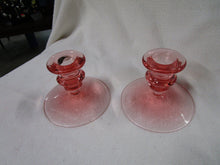 Load image into Gallery viewer, Vintage Pink Glass Squash Blossom Fruit Etched Candleholders Set of 2