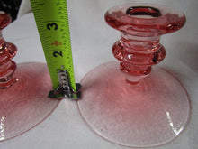 Load image into Gallery viewer, Vintage Pink Glass Squash Blossom Fruit Etched Candleholders Set of 2
