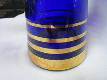 Load image into Gallery viewer, Vintage Cobalt Blue Glass with Gold Stripes Bohemian Decanter with with Stopper