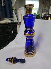 Load image into Gallery viewer, Vintage Cobalt Blue Glass with Gold Stripes Bohemian Decanter with with Stopper