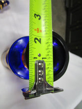Load image into Gallery viewer, Vintage Cobalt Blue Glass with Gold Stripes Bohemian Decanter with with Stopper