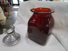 Load image into Gallery viewer, Vintage Red Glass Canister with Metal Hen Rooster Leaf Lid