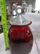 Load image into Gallery viewer, Vintage Red Glass Canister with Metal Hen Rooster Leaf Lid