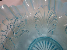 Load image into Gallery viewer, Vintage Jefferson & Northwood Aqua Blue Opalescent Ruffled Floral Leaf Footed Bowl