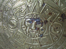 Load image into Gallery viewer, Vintage Brass Mayan Aztec Calendar with 1950's Mexican Centavos Edges Wall Plaque Footed Bowl