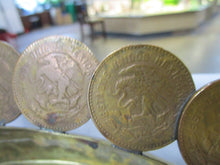 Load image into Gallery viewer, Vintage Brass Mayan Aztec Calendar with 1950's Mexican Centavos Edges Wall Plaque Footed Bowl