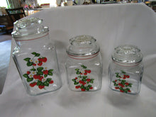 Load image into Gallery viewer, Vintage Anchor Hocking Clear Glass Strawberry Motif Kitchen Canisters with Lids