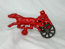 Load image into Gallery viewer, Vintage Reproduction Red Cast Iron Racing Horse and Surrey Toy