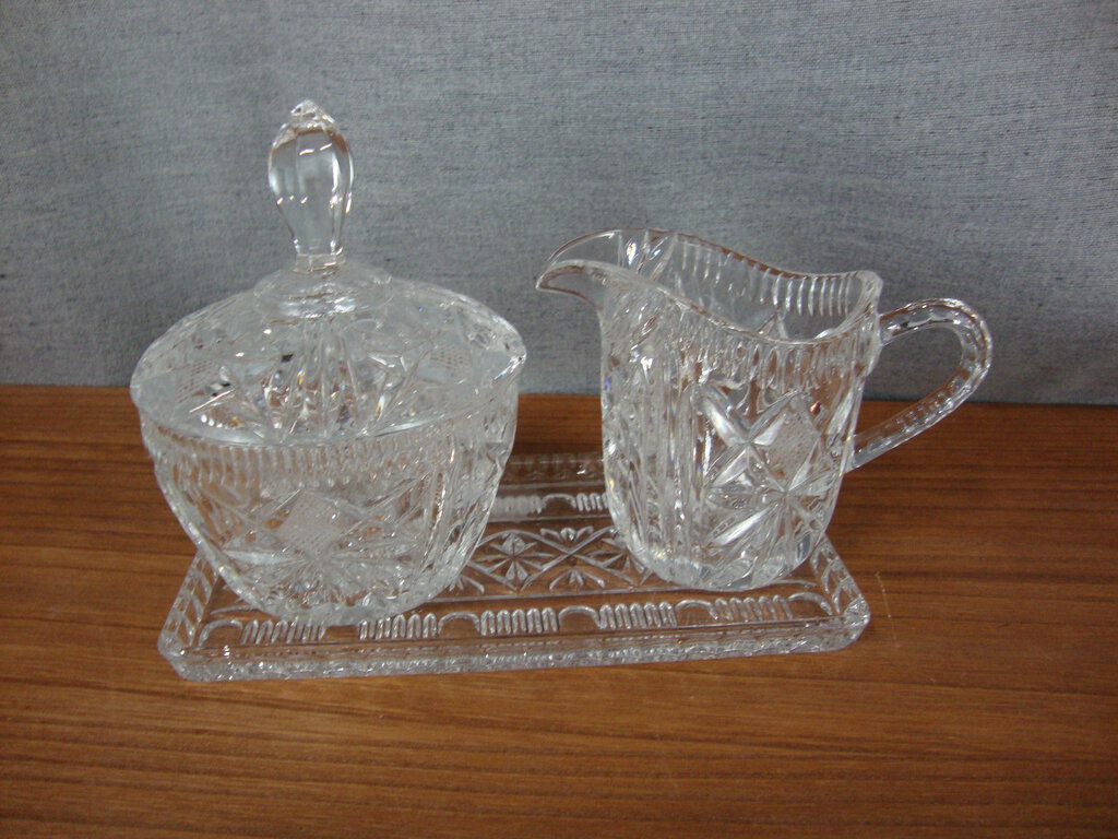 Vintage Pressed Glass Creamer, Sugar with Lid and Tray Set