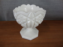 Load image into Gallery viewer, Vintage Milk Glass Quilted Star Sawtooth Edge Compote Bowl