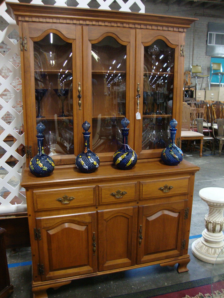 Vintage Two Piece Wood China Display Hutch Glass Top Doors