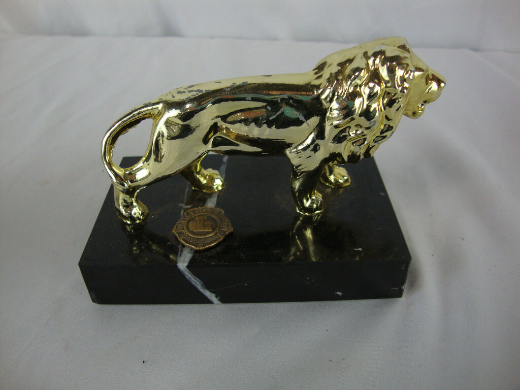 Vintage Lion's Club International Standing Lion on Black Marble Base Paperweight Figure