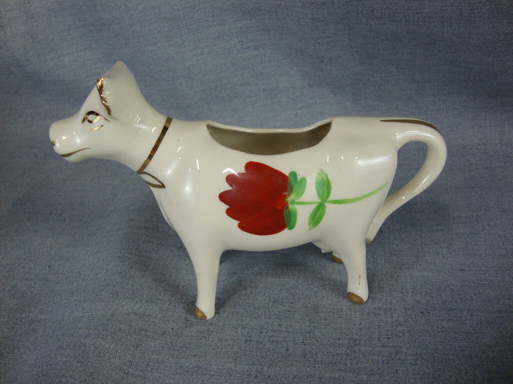 Vintage Porcelain Cow Creamer with Red Tulip Motif