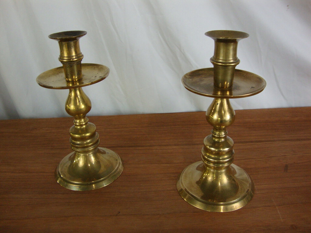 Vintage Brass Spindle Candlestick Holders with Drip Cups