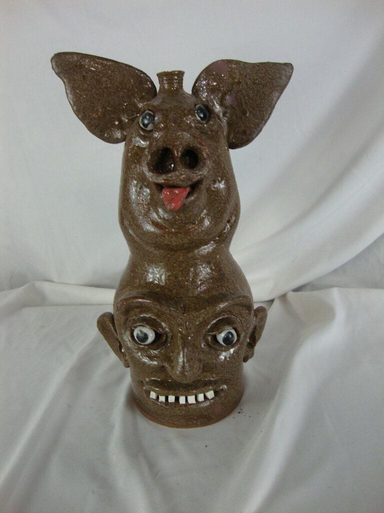 Marvin Bailey Folk Art Pottery Pig & Man Double Stack Ugly Face Jug
