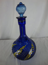 Load image into Gallery viewer, Vintage Cobalt Blue Glass Decanter with Handpainted Yellow Floral Matching Stopper