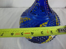 Load image into Gallery viewer, Vintage Cobalt Blue Glass Decanter with Handpainted Yellow Floral Matching Stopper