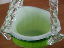 Load image into Gallery viewer, Vintage Hand Blown Glass Purse Shaped Vase Planter Green & White Interior