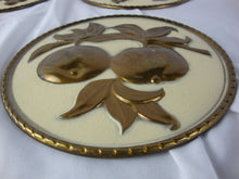 Load image into Gallery viewer, Vintage Kitchen Brass Raised Fruit Motif Round Wall Plaques Set of 4