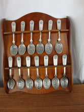 Load image into Gallery viewer, Vintage American Colonies Pewter Spoon Collection with Wooden Display Shelf