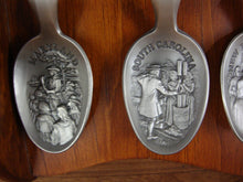 Load image into Gallery viewer, Vintage American Colonies Pewter Spoon Collection with Wooden Display Shelf