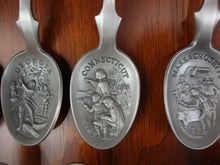 Load image into Gallery viewer, Vintage American Colonies Pewter Spoon Collection with Wooden Display Shelf