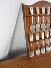 Load image into Gallery viewer, Vintage American Colonies Pewter Spoon Collection with Wooden Display Shelf