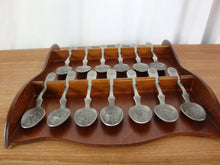 Load image into Gallery viewer, Vintage American Colonies Pewter Spoon Collection with Wooden Display Shelf