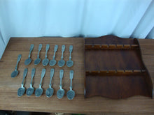Load image into Gallery viewer, Vintage American Colonies Pewter Spoon Collection with Wooden Display Shelf