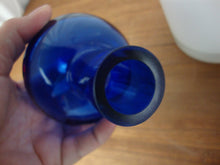 Load image into Gallery viewer, Vintage White Clear Glass Liquor Decanter with Cobalt Blue Ball Stopper