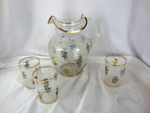 Load image into Gallery viewer, Vintage Fenton for LG Wright Floral Gold Trim Beverage Pitcher with Three Tumblers Set