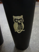 Load image into Gallery viewer, Vintage Nasco 16 Oz Black Textured Plastic Tumblers with Gold Owl on Branch Set of 6 Glasses
