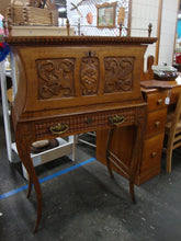 Load image into Gallery viewer, Antique Oak Carved Face Ladies Writing Desk with Gallery Rail