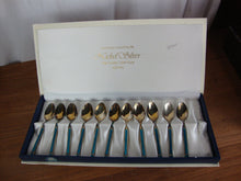 Load image into Gallery viewer, Vintage Azuma Nickel Silver Demitasse Spoons with Teal Lucite Handle, Set of 11