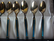 Load image into Gallery viewer, Vintage Azuma Nickel Silver Demitasse Spoons with Teal Lucite Handle, Set of 11