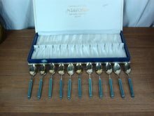 Load image into Gallery viewer, Vintage Azuma Nickel Silver Demitasse Spoons with Teal Lucite Handle, Set of 11