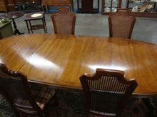 Load image into Gallery viewer, 1971 Thomasville Provincial Double Base Dining Table, (2) Leaves and (6) Dining Upholstered Chairs