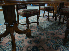 Load image into Gallery viewer, 1971 Thomasville Provincial Double Base Dining Table, (2) Leaves and (6) Dining Upholstered Chairs