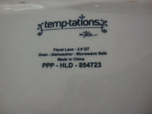 Load image into Gallery viewer, Vintage Temp-tations Aqua/White Floral Lace 3 Qt Casserole Dish with Platter and Black Metal Stand