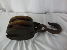 Load image into Gallery viewer, Vintage Farmhouse Wood & Metal Double Pulley with Large Top Metal Hook