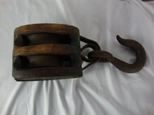 Load image into Gallery viewer, Vintage Farmhouse Wood & Metal Double Pulley with Large Top Metal Hook
