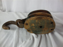 Load image into Gallery viewer, Vintage Farmhouse Wood & Metal Double Pulley with Large Top Metal Hook