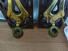 Load image into Gallery viewer, Vintage Oriental Wood Brass Wall Candleholders with Plate Arms