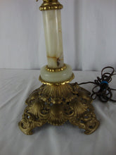 Load image into Gallery viewer, Antique Brass Marble Electrified Table Lamp with Clear Chimney Pink Glass Top Globe