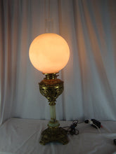 Load image into Gallery viewer, Antique Brass Marble Electrified Table Lamp with Clear Chimney Pink Glass Top Globe