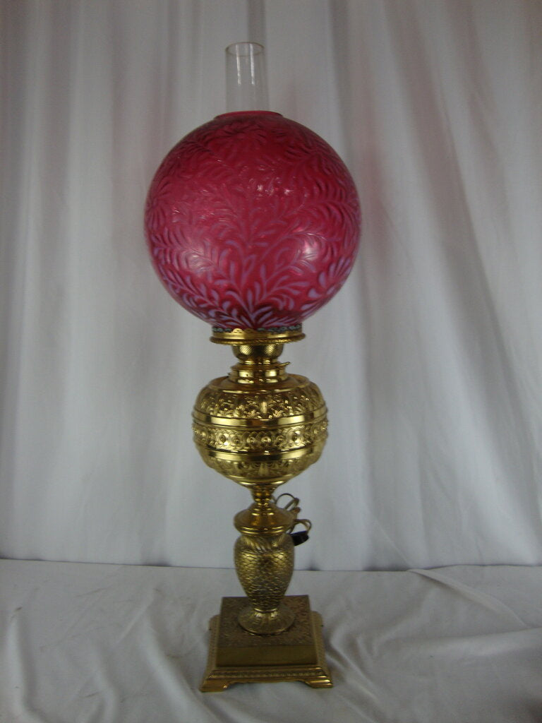 Antique Brass Electrified Oil Lamp Base with Fenton Cranberry