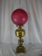 Load image into Gallery viewer, Antique Brass Electrified Oil Lamp Base with Fenton Cranberry Daisy Fern Glass Top Globe