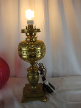 Load image into Gallery viewer, Antique Brass Electrified Oil Lamp Base with Fenton Cranberry Daisy Fern Glass Top Globe